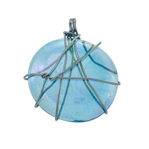 Estate Silver Tone Wire Wrapped Iridescent Blue Cabochon Pendant